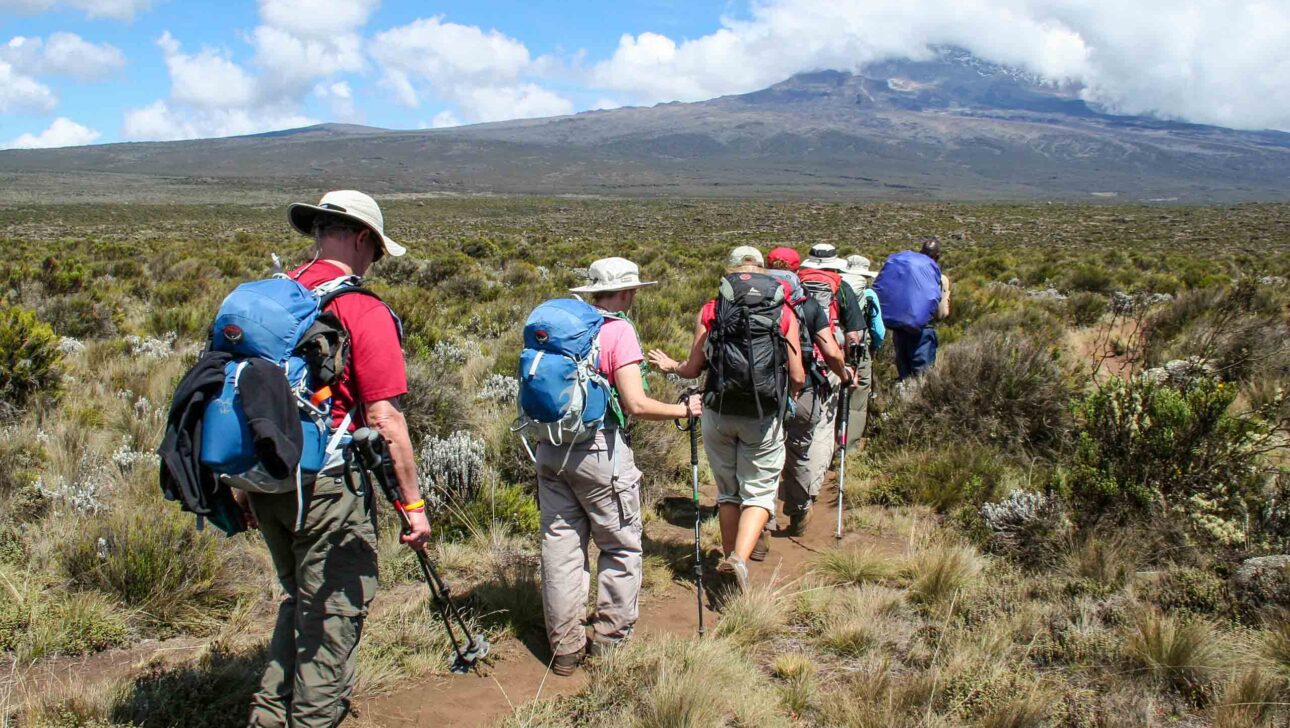 A group of people hiking in Kilimanjaro.