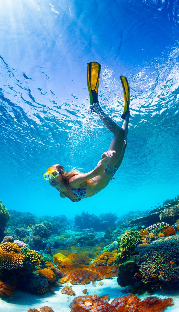 A person wearing a snorkel and flippers swims underwater above colorful coral and vibrant marine life in clear blue water, perfect for capturing stunning images for a blog.