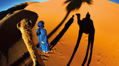 A person in blue stands beside a camel on orange sand dunes, casting long shadows in the setting sun. A shadow of a palm tree is also visible on the sand, making it one of the top places to travel for those seeking a breathtaking sunset experience.