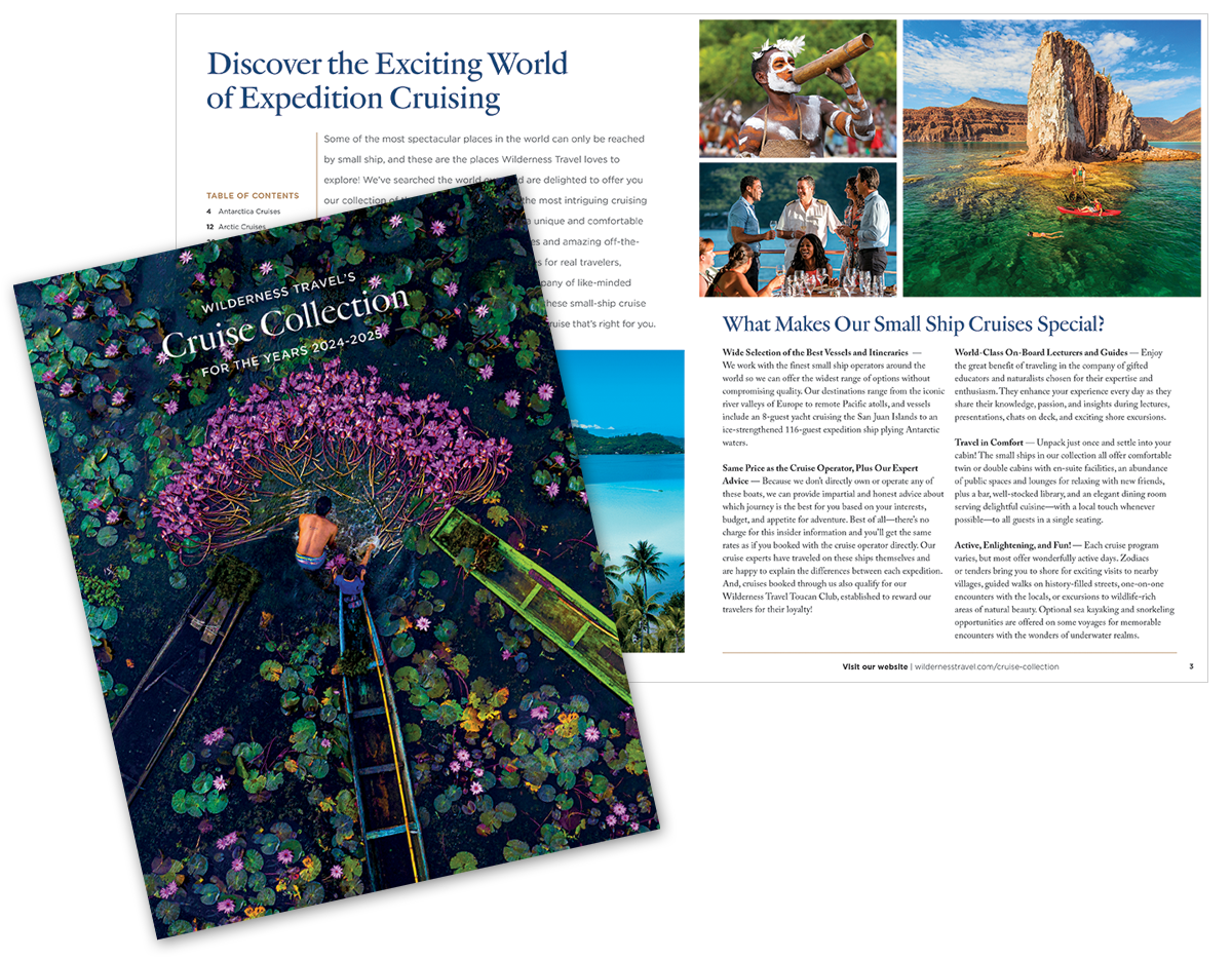 Image showing a brochure for Wilderness Travel's Cruise Collection for the years 2023-2024. The cover features a person paddling through a water lily pond, and the inside pages display various travel destinations.