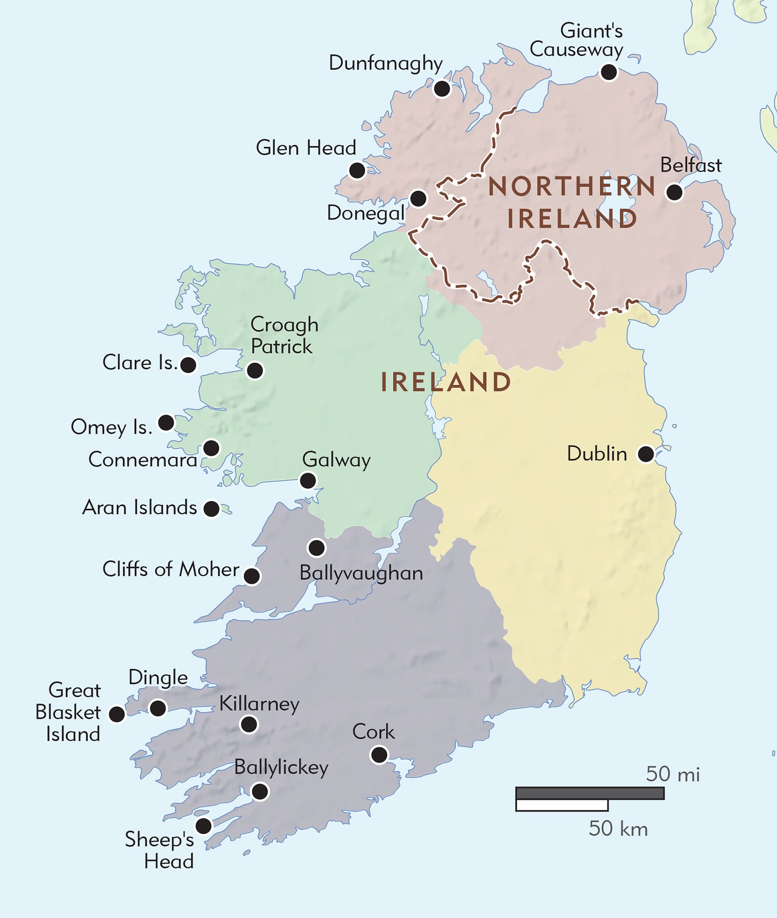 A map of the different regions of Ireland and the best places to visit